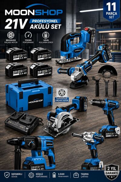 MOONSHOP 21V DX-1081 11 Parça Akülü Set Fırçasız Motor Darbeli Matkap Kırıcı ...