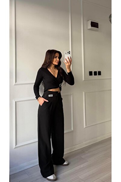 Daves Side Buttoned Wide Leg Woven Fabric Palazzo Trousers