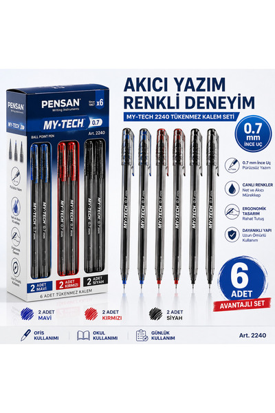 Pensan My-Tech 2240 Tükenmez Kalem Seti 6 Adet 0.7 mm | 2 Mavi 2 Kırmızı 2 Si...