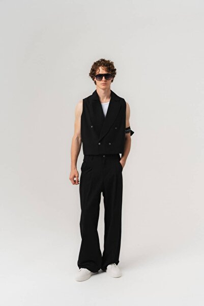 go gang own Venice Buttoned Double-Breasted Vest and Elastic Waist Fabric Tro...
