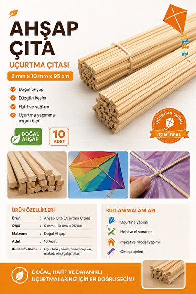 Akkaymak Uçurtma Çıtası 5 mm x 10 mm x 95 cm 10 adet