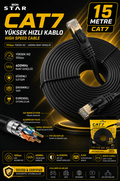 IRONSTAR CAT7 Ethernet Kablo 15 Metre / CAT7 İnternet Kablosu 15m / 15 Metre ...