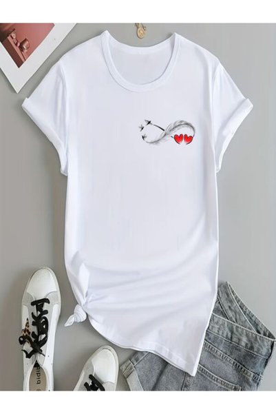 vorena Heart Detailed Printed White Oversize T-Shirt