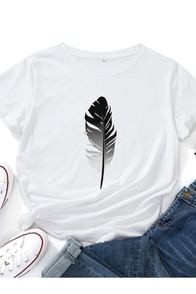 COZYWEAR Black Gradient Feather Printed White T-Shirt