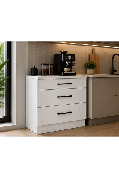 Tdesigno Şah Mutfak 3 Çekmeceli Alt Modül 80 cm - Çok Amaçlı Dolap - Beyaz La...