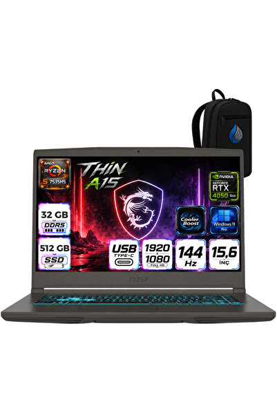 MSI NB THIN A15 RYZEN 5 7535HS 32 GB DDR5 512 GB SSD 6GB RTX4050 15.6 FHD 144...
