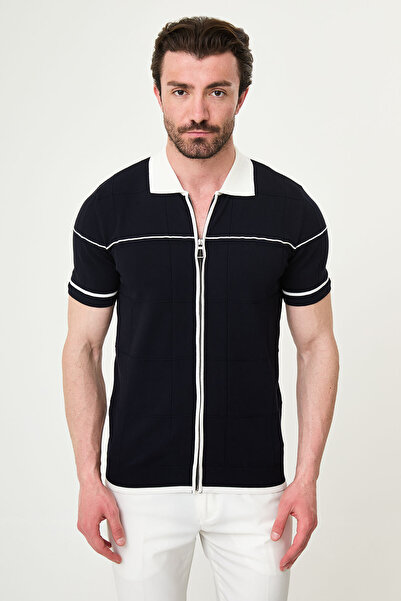Mcr Plain Slim Fit Polo Collar Zippered Short Sleeve Men's Knitwear T-Shirt N...