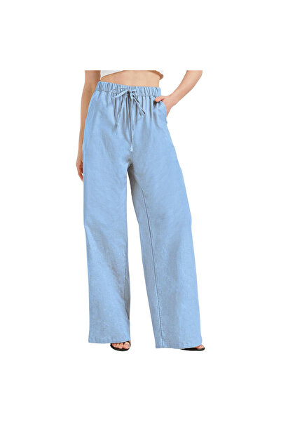 OEM Pantaloni de damă de vară lungi cu crac larg din bumbac și in albaștri XXL