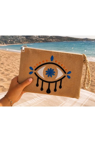 modekamoda Eye of the Devil Embroidered Straw Jute Fabric Clutch Bag