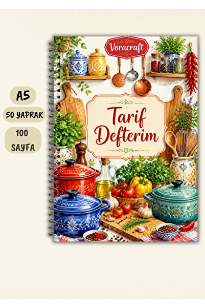 VORACRAFT Yemek Tarif Defteri, 50 Yaprak /100 Sayfa, A5 / Tel Spiral TRF0010
