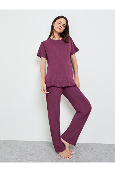 Styli Burgundy Cotton Blend Rib Ruffle Hem T-Shirt and Pyjama Set