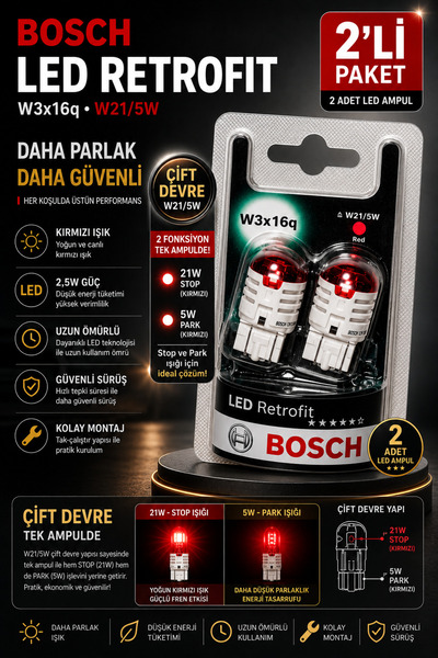 Bosch W21/5W LED Retrofit W21/5W Çift Devre Kırmızı LED Stop Park Ampulü 12V ...