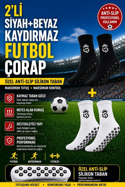 BS BEYAZ SHOES Pachet de 2 (1 pereche negru + 1 pereche alb) șosete de fotbal...