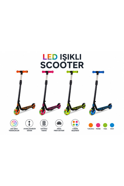 DoruCO LED Işıklı Tekerlekli Ayarlanabilir Çocuk Scooter – Turuncu, Pembe, Ye...