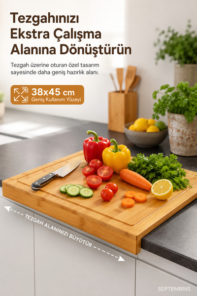 septembris ChefStation Tezgah Üstü Ahşap Kesme Tahtası 38x45 cm Oluklu Doğram...