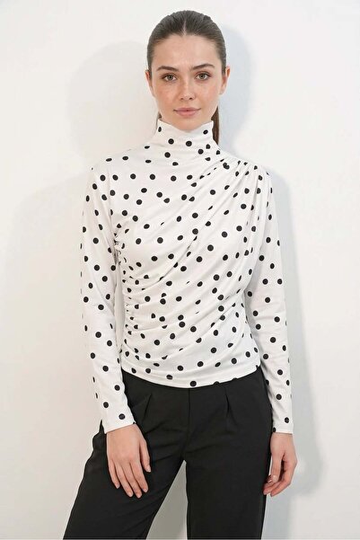 ALFA AKSESUAR 03 Women's Turtleneck Gathered Polka Dot Light White Blouse