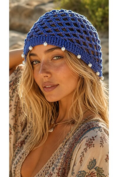 MARBERRY Saks Blue Hand Knitted Pearl Bead Detailed Mesh Hat Beanie