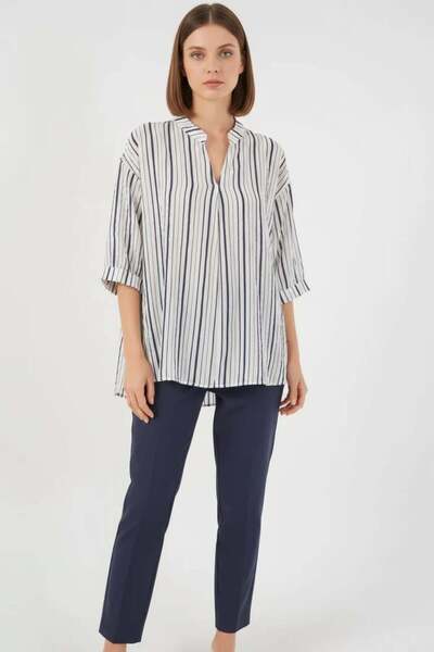 Generic Brand Women's V-Neck Oversize Striped Viscose Navy Blue Blouse