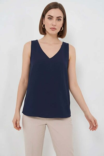 ALFA AKSESUAR 03 Women's V-Neck Zero Sleeve Navy Blue Blouse