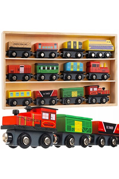 Ayawaska Trenulet din lemn cu 12 piese magnetice, set locomotiva si vagoane c...