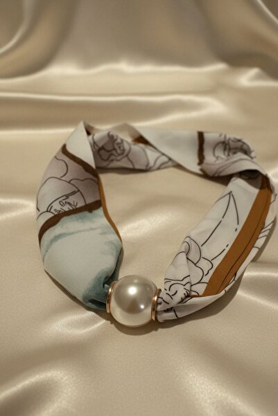 BHR AKSESUAR Women's Patterned Scarf Necklace with Pearls and Magnets, Stylis...