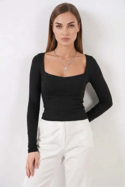 Generic Brand Women's Square Neck Slim Fit Long Sleeve Black Blouse
