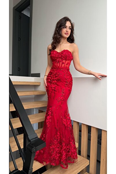ayşenur Dinçer butik Rose Balık Abiye Kırmızı