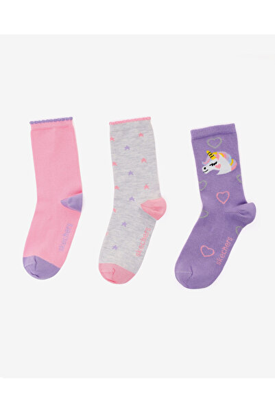 SKECHERS 3'Lü Paket Funny Feet Uzun Çorap Büyük Kız Çocuk Lila-Pembe-Gri Çora...