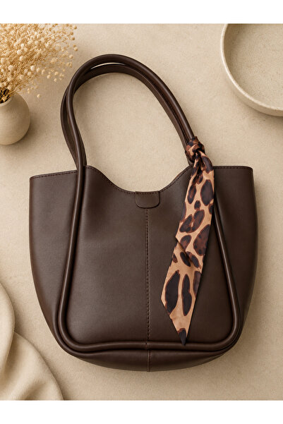 Mocha Leopard Kadın Kahverengi Omuz Çantası Leopar Fular Detaylı Tote Çanta