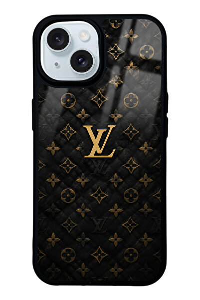 Spoyi iPhone 15 Black Gold LV Tasarımlı Glossy Telefon Kılıfı