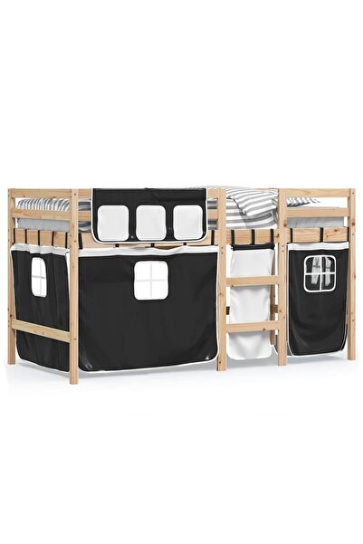 vidaxl Pat etajat de copii perdele, alb/negru 90x190 cm lemn masiv pin