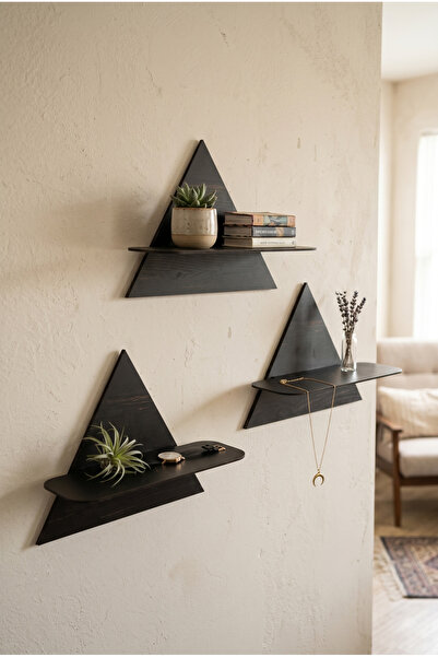 Bel&Co Home 3'Lü Dekoratif Üçgen Duvar Rafı 29x24 cm Siyah MDF Yapışkanlı Kit...