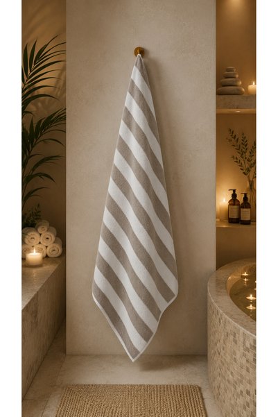 Daylife Prosop de plajă și de baie de lux, 100% bumbac – Extra absorbant, cu uscare rapidă, cu dungi bej-albe (100x180 cm)