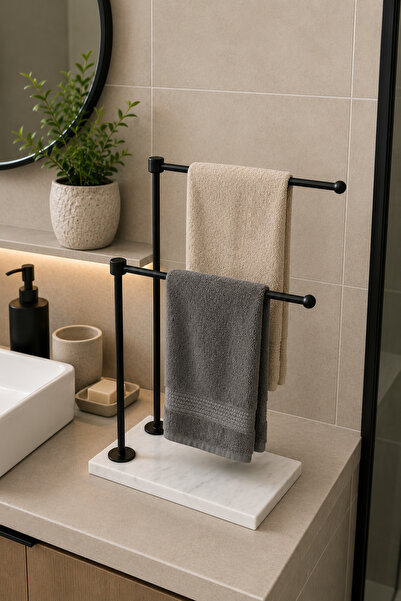 Sarıkaya Granit Double Handle Matte Black Metal Towel Holder with Natural Whi...