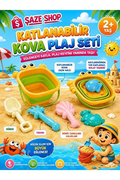 SAZE Büyük Boy Katlanabilir Kova Plaj Seti 2+ Yaş – Kova, Kürek, Tırmık ve De...