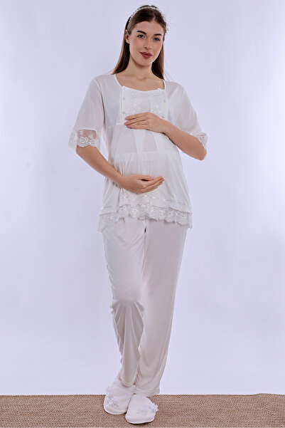 ByLohusa Adjustable Waist Detailed Maternity Pajama Set with Breastfeeding Fe...