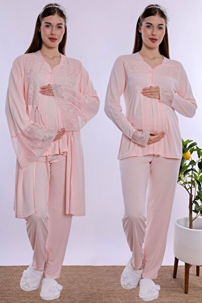 ByLohusa Maternity Pajama Set with Nursing Features and Robe Effortt - Powder