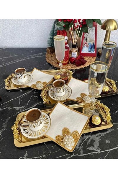 MAHUR HOME PARLAK GOLD 6 ADET DİKDÖRTGEN KULPLU MODEL SERVİS VE SUNUM TEPSİSİ