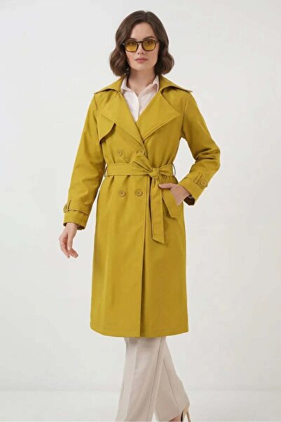 ALFA AKSESUAR 03 Women's Double-Breasted Collar Belted Fat Green Trench Coat