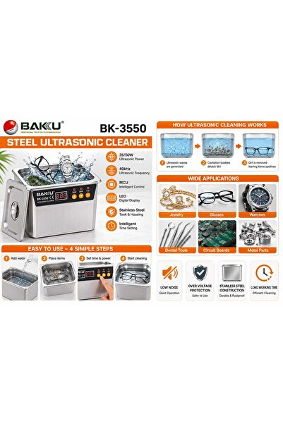 bakku منظف بالموجات فوق الصوتية من الفولاذ BAKU BK-3550
