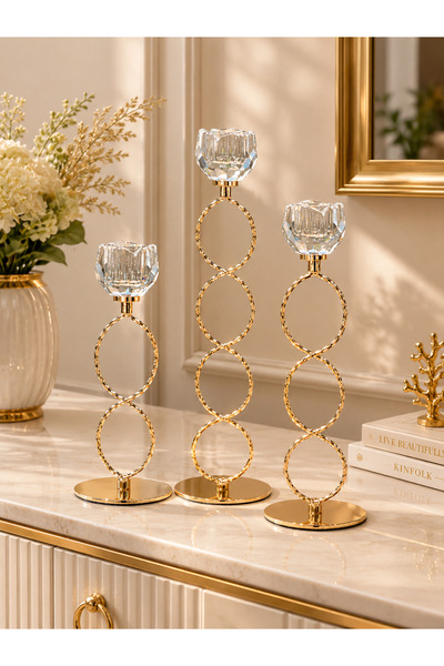 sahane & bazaar Dekoratif 3’lü Metal ve Kristal Detaylı Mumluk Şamdan Seti