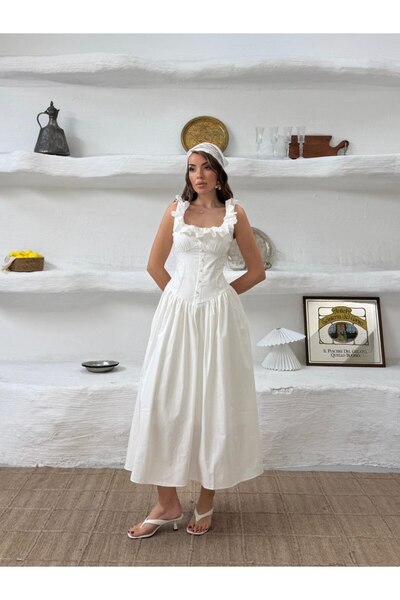 LİSAA BUTİK Thick Straps, Festive Detail, Buttoned Dress