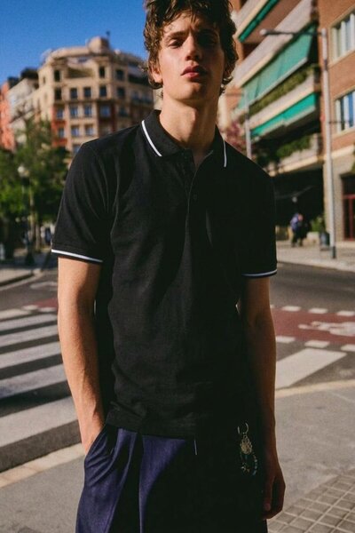 comstar Tricou negru cu guler polo pentru bărbați, cu nasturi