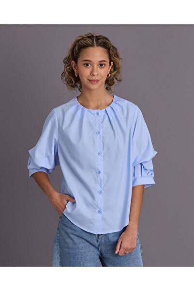 REDTAG Senior Girls Blue Sculpted Balloon-Sleeve Blouse