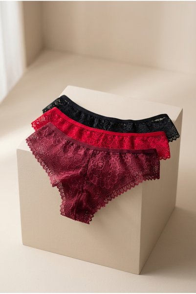 LİBELLA İÇ GİYİM New Season Premium Full Lace Brazilian Panties Black Red Burgundy 3-Piece Package
