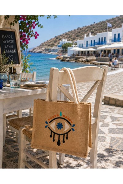 modekamoda Natural Jute Shopping, Shoulder, Arm, Beach Bag, Straw Colored with Evil Eye Embroidery 42X12X35