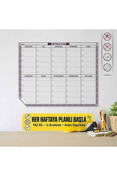 Tutunabilir Kağıt Statik Tutunma Özellikli Şeffaf Yaz-Sil Haftalık Planlayıcı...