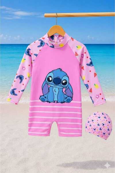CHİCKİDSWEAR Kız Çocuk UV Korumalı Uzun Kollu Gizli Fermuarlı Boneli Mayo