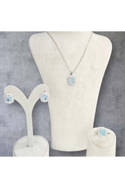 Sln Gümüş Aquamarin Renk Pırlanta İşçiliğinde Kolye, Küpe, Yüzük Gümüş Set