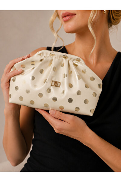 mossi Krem Gold Puantiyeli Kadın Çanta Gold Detaylı Clutch Portföy Çanta